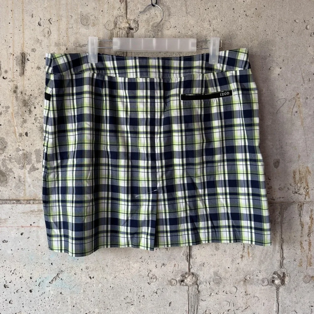 IZOD Golf Skort Womens 14 Blue Green‎ Plaid Lined Pockets Athletic Summer Casual